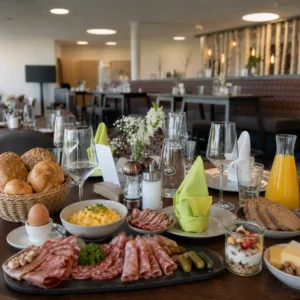 Haubergsfrühstück, gedeckter Frühstückstisch im Hotel Fünf10 mit allerlei Essen.